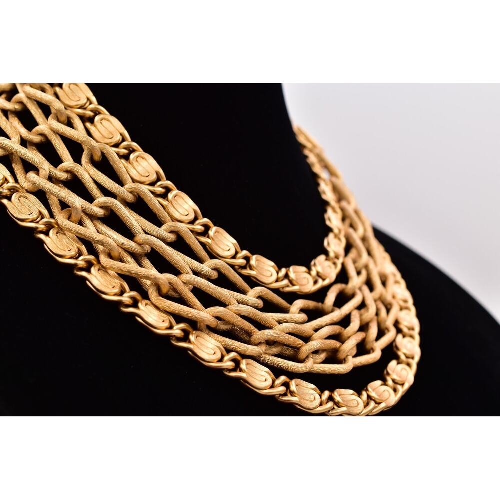 Vintage 1980s Gold Multi Strand Chain Necklace Bow Bib Statement Collar 80s BinT - Picture 7 of 12